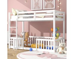 HAUSS SPOLE Kinderstapelbed 90 x 200 - Hoogslaper met Rechte Trap en Valbeveiliging - Stevig Ontwerp - Vurenhout - Wit(Zonder matras)