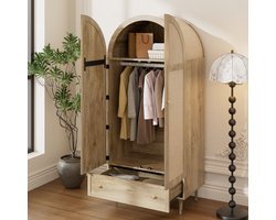 HAUSS SPOLE Kledingkast - Eikenfineer Met Stoffen Deuren, Boogfront En Lades - Met Aluminiumgrepen En Massieve Poten - MDF - 79x50x175 cm - Oak