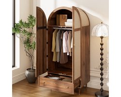 HAUSS SPOLE Kledingkast – Walnootlook Met Stoffen Deuren En Bogenbovenkant – Met Lade Voor Kleding – MDF – 79x50x175 Cm – Houtkleur