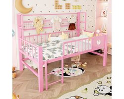 HAUSS SPOLE Laag Kinderhoogslaper 90x200 cm - Met Veiligheidshek En Opbergruimte Onder Bed - Met Kledingstang En Netplank - Zonder matras - Metaal - Roze