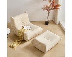 HAUSS SPOLE Loungebank-Lazy Stoel Met Rugleuning En Voetensteun-Ligstoel Voor Woonkamer En Slaapkamer--Volwassenen-Zonder Montage-114x112x82 cm-Teddyfleece-Beige