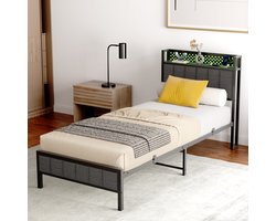 HAUSS SPOLE Metalen Bed 90x200cm -Gepolsterd Hoofdbord USB En LED Hoofdbord-Slaapkamer/Studentenkamer - Logeerkamer/Jeugdkamer - Eenvoudige Montage - Metaal-Zwart