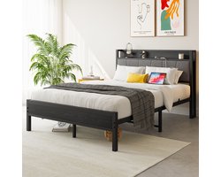 HAUSS SPOLE Metalen Bedframe 140x200 - Gepolsterd Hoofdbord - Eenpersoonsbed met Opbergbaar Hoofdbord - Eenvoudige Montage - Logeerkamer/Jeugdkamer - Zwart
