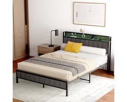HAUSS SPOLE Metalen Bedframe 140x200 - Gepolsterd Hoofdbord - Eenpersoonsbed met Opbergbaar Hoofdbord - Eenvoudige Montage - Logeerkamer/Jeugdkamer - Zwart