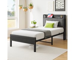 HAUSS SPOLE Metalen Bedframe 90x200cm - Gepolsterd Hoofdbord - Eenpersoonsbed met Opbergbaar Hoofdbord - Eenvoudige Montage - Logeerkamer/Jeugdkamer - Zwart