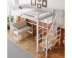 HAUSS SPOLE Metalen Stapelbed 90x200cm - Zonder matras - Met Afneembare Stoffen Bank - Met Trap Met Opbergruimte - Ruimtebesparend - Metaal En MDF - Wit