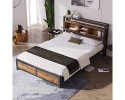 HAUSS SPOLE Metalen Twijfelaarbedden 140x200 cm - Bed Met Opbergruimte Hoofdeinde - Stevig Metaal - Natuurlijk (Geen Matras)