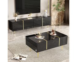 HAUSS SPOLE Meubelset Tv Meubel En Salontafel - Hoogglans Met Opbergruimte - Voor Woonkamer - MDF Zwart Met Goud - 170x35x46 En 100x60x41,5 Cm