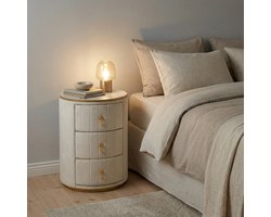 HAUSS SPOLE Nachtkastje - Rond Met 3 Gebogen Lades En Marmerlook Blad - Voor Slaapkamer En Woonkamer - Fluweel Metaal MDF - 40x40x52,5 Cm - Wit