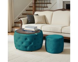 HAUSS SPOLE Opbergpoef Set - Nestbaar Met Fluwelen Bekleding En Houten Blad - Voor Woonkamer En Slaapkamer - Blauw - 58 Cm