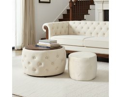 HAUSS SPOLE Poef Set - Ronde Nestbare Opbergpoefs Met Houten Blad - Voor Woonkamer En Slaapkamer - Fluweel - 58 Cm - Beige