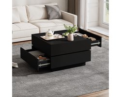 HAUSS SPOLE Salontafel - 360° Draaibare Bovenplaat Met 2 Laden - Opstaande Rand En Glijsysteem Voor Soepele Laden - Spaanplaat - 60x60x38 cm - Zwart