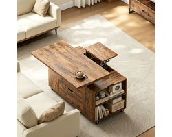 HAUSS SPOLE Salontafel - Lift Top Met Vergrendelbare Wielen En Lade - Voor Woonkamer Of Kleine Eethoek - Hout En Metaal - 100x50x53 Cm - Rustic Brown
