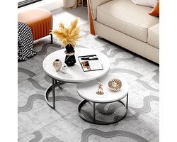 HAUSS SPOLE Salontafel rond - Set van 2 - Wit Hoogglans marmer look Steen - Ronde salontafel Bijzettafel - Stevig En Stijlvol -Woonkamer - 80x80/60x60cm - Zwart Metalen Frame- Zwart
