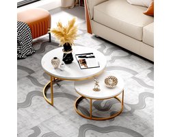 HAUSS SPOLE Salontafel rond - Set van 2 - Wit Hoogglans marmer look Steen - Ronde salontafel Bijzettafel - Stevig En Stijlvol -Woonkamer - 80x80/60x60cm - Goud Metalen Frame- Goud