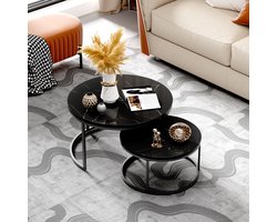 HAUSS SPOLE Salontafel rond - Set van 2 - Zwart Hoogglans marmer look Steen - Ronde salontafel Bijzettafel - Stevig En Stijlvol -Woonkamer - 80x80/60x60cm - Zwart Metalen Frame- Zwart