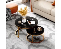 HAUSS SPOLE Salontafel rond - Set van 2 - Zwart Hoogglans marmer look Steen - Ronde salontafel Bijzettafel - Stevig En Stijlvol -Woonkamer - 80x80/60x60cm - Goud Metalen Frame- Zwart