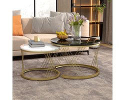 HAUSS SPOLE Salontafel Set van 2 Rond 70x45 cm - Nesting Salontafels met MDF Marmormotief - Multifunctioneel voor Woonkamer en Balkon - Modern Design - Hout - Zwart