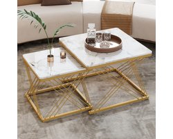 HAUSS SPOLE Salontafel - Vierkant 60x60 + 45x45x40 cm - 2 Delige Set - Hoogglans MDF Tafel Met Verstelbare Poten - Metaal - Goud