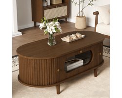 HAUSS SPOLE Salontafel - Walnootfineer Met Lade En Roldeur - Opbergen Voor Woonkamer En Balkon - MDF En Glas - 100x50x36 Cm