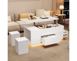 HAUSS SPOLE Salontafels Koffietafel - Salontafel Met 2 Laden En 2 Hockers - Verstelbaar Met Verstopte Opbergruimte En LED - 100x50x45 cm - Spaanplaat - Wit