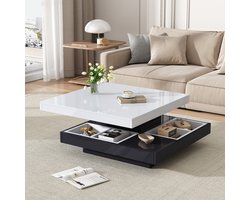 HAUSS SPOLE Salontafels - Salontafel Vierkant Met 360° Draaibare Tafelplaat - Dubbele Opberglaag - 70x70x36 cm - Spaanplaat - Zwart