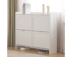 HAUSS SPOLE Schoenenkast – Gebogen Design Met 4 Klapvakken En Uittrekbaar Vak – Ruime Opbergruimte Met Verstelbare Planken – Spaanplaat – 110x24x90 cm – Wit