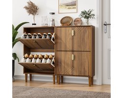 HAUSS SPOLE Schoenenkast - Minimalistisch Met Ribbeldesign - 2 Kanteldeuren Voor Hal En Entree - MDF Spaanplaat - Bruin - 60 Cm Breed