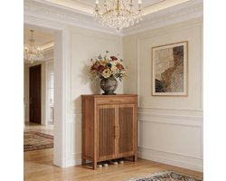 HAUSS SPOLE Schoenenkast - Vrijstaande Opbergkast Met Lamellendeuren En Lade - Voor Hal En Slaapkamer - MDF En Metaal - 80x36x109 Cm - Bruin