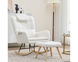 HAUSS SPOLE Schommelstoel Met Voetenbankje - Ergonomisch Met Nek En Lendenkussen En Opbergvak - Voor Woonkamer En Slaapkamer - Teddy Stof - Wit