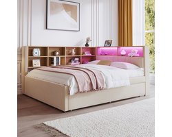 HAUSS SPOLE Slaapbank 140x200 cm - Tweepersoonsbed Met Opbergladen - Zeer Comfortabel - Flanel - Beige