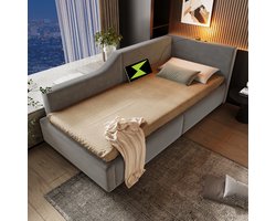 HAUSS SPOLE Slaapbank 90x190 cm - Multifunctioneel Logeerbed met Hydraulische Opbergruimte - USB-C en Leeslamp - Voor Woonkamer of Slaapkamer - Fluweel - Grijs