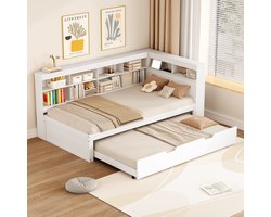 HAUSS SPOLE Slaapbank 90x200 cm - Eenpersoonsbed Met Uittrekbaar Bed 90x190 cm en USB-Oplaadpoort - Met Opbergruimte - Massief Hout - Wit - Zonder matras