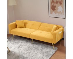 HAUSS SPOLE Slaapbank – Verstelbare Rugleuning Tot Bedfunctie – Met Zijvakken En Kussen – Voor Woonkamer En Logeerkamer – Lamswol Geel