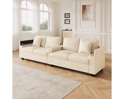 HAUSS SPOLE Sofa - 4-Zits Bank - Recht - Met Klapbare Middenconsole En Opbergruimte + USB/USB-C Oplaadpoorten - 299x80x82.7 cm Voor 4-5 Personen - Corduroy Beige