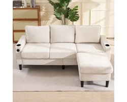 HAUSS SPOLE Sofa - L-Model Bank - L-Vorm Hoekbank - Met 2 USB & 1 Type-C + 2 Drinkhouders - 202x137x80 cm - 3-Zits - Voor Woonkamer en Slaapkamer - Linnen Beige