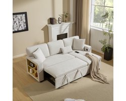 HAUSS SPOLE Sofa - Modulair Hoekbank 3-Zits - L-Vorm Omkeerbaar - Slaapfunctie & Opbergruimte Met USB - 214x131x87 cm / 4-Zits - Kleine Woonkamer - Flanel Beige