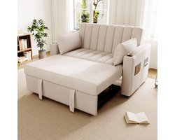 HAUSS SPOLE Sofa - Multifunctionele Slaapbank - 2-Zits - Verstelbare Rugleuning 3-standen - Met RVS Drinkhouder & Opbergtas - Voor Woonkamer - Katoen-Linnen Beige