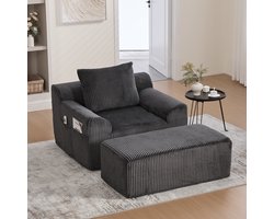 HAUSS SPOLE Sofa - Oversized Fauteuil - Met Voetsteun - Diepe Zit & Opbergvakken - 147x110x67 cm - Voor Woonkamer - Corduroy Donkergrijs