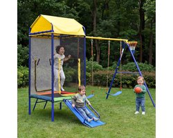 HAUSS SPOLE Speeltoestel 4-in-1 Voor Buiten - Trampoline Met Veiligheidsnet, Dubbele Schommel, Glijbaan En Basketbalring - Ijzer - Kleurrijk