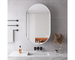 HAUSS SPOLE Spiegelkast - Ovale Wandspiegel Met Metalen Frame En Verstelbare Planken - Inbouw Of Wandmontage Voor Badkamer Slaapkamer - Gehard Glas - Wit