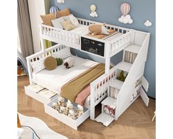 HAUSS SPOLE Stapelbed 140x200cm - Stapelbed 90x200cm - Dubbelbed Met Tafel En Opberglades - Met Trapkast - Massief Hout - Wit (Zonder matras)