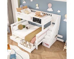 HAUSS SPOLE Stapelbed 90x200+140x200 - Dubbelbed Met Tafel En Opberglades - Met Trapkast - Massief Hout - Wit