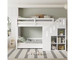 HAUSS SPOLE Stapelbed 90x200cm - Met Trap En Lockerkasten - Kinderbed Met Rausfallschutz - Massief Hout + MDF - Wit (Zonder Matras)