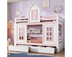 HAUSS SPOLE Stapelbedden voor kinderen - 90x200cm - Kinderbed met Rausfallschutz - Met dak en ramen - Opbergruimte - Hout - Wit+Roze