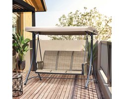 HAUSS SPOLE Tuinschommelbank – Driezits Schommelbank Met Verstelbaar Zonnescherm – Met Zijvakken – Voor Tuin En Terras – Polyester Bruin