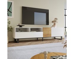 HAUSS SPOLE TV-kasten 180x38x50 cm - TV meubel Met Grote Opbergruimte - Met Onzichtbare Grepen - Rechthoekig - Modern Design - MDF - Wit + Houtkleur