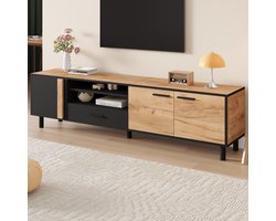 HAUSS SPOLE Tv-meubel - 180x32,5x50 cm Breed Tv-meubel Met 3 Kasten En Lade - Geschikt Voor Tot 80 Inch Tv Met 5 Steunpootjes Voor Stabiliteit - Spaanplaat - Zwart/Hout