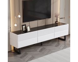 HAUSS SPOLE TV-Meubel - 3 Lades Laag Tv-Meubel Met Ruime Opbergruimte, Hoogglans Blad En IJzeren Poten - MDF - 170x35x47 cm - Zwart/Wit