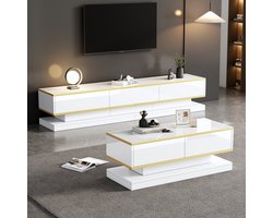 HAUSS SPOLE Tv Meubel En Salontafel Set - Hoogglans Met Gouden Rand - Met Lades Voor Woonkamer - Spaanplaat - 200x40x40 En 100x50x38 - Wit